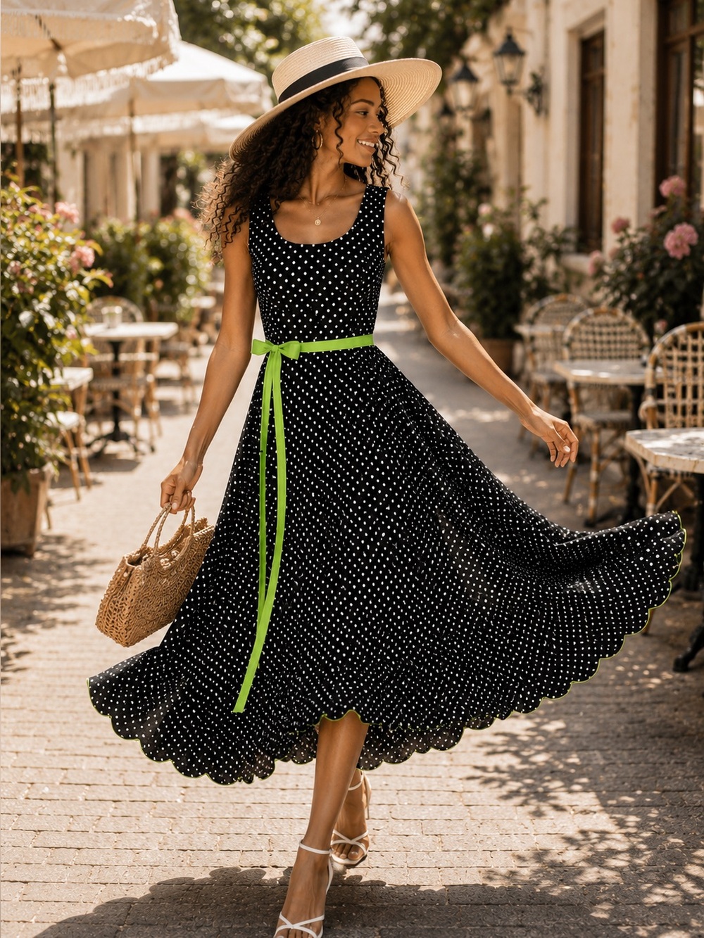 Vintage Coldwater Creek Black White Polka Dot Midi Dress Green Ribbon Size 12